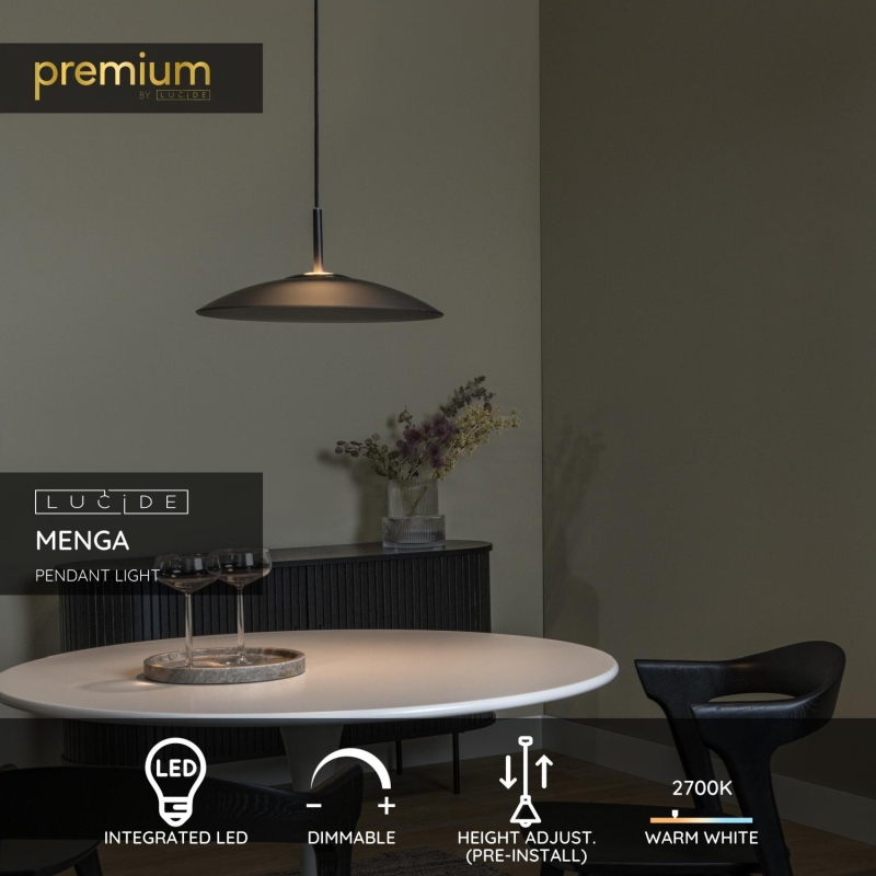 Lucide MENGA - Závesné svietidlo - Ø 40 cm - LED Rozm. - 1x12W 2700K - Smoke Grey